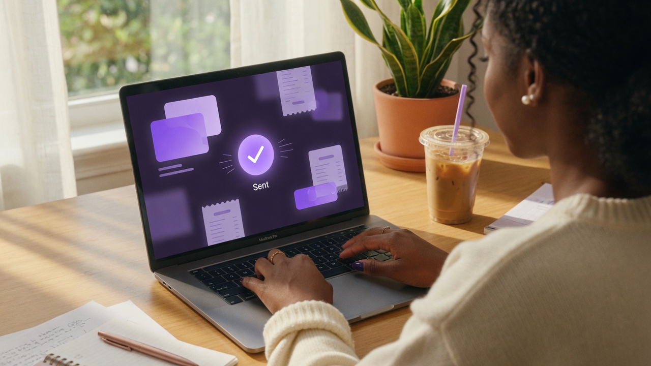 Person sending a SwiftPay payment from a MacBook